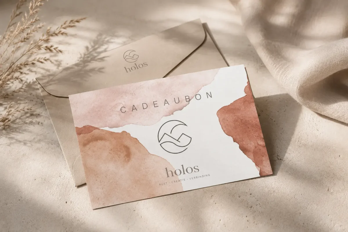 Holos cadeaubon met envelop, in oudroze en terracotta aquarel, met het Holos-merkteken