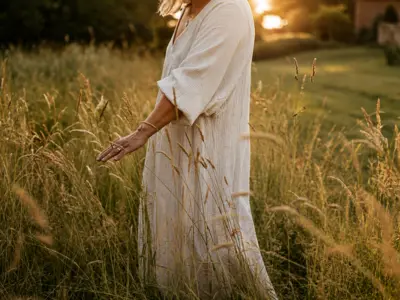 Vrouw in een lange linnen jurk loopt bij zonsondergang door hoog gras en laat haar hand door de halmen gaan