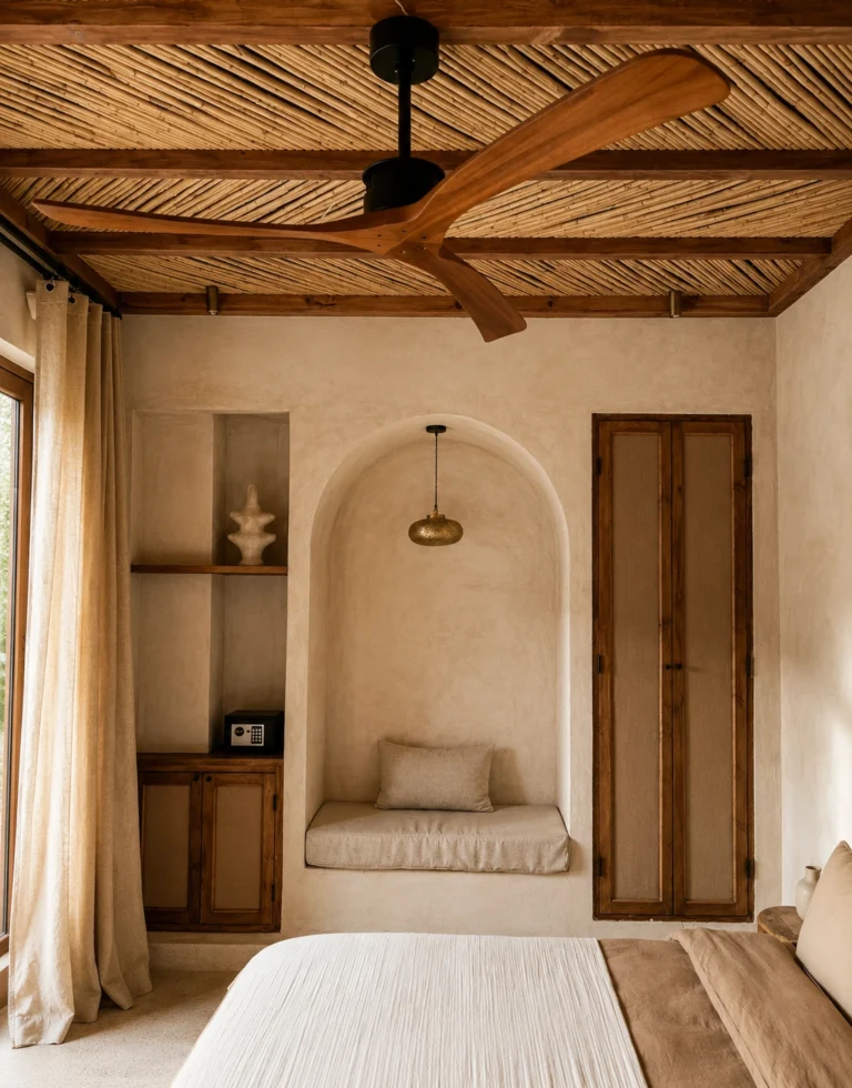 Slaapkamer in de riad met kalkgepleisterde muren, een rieten plafond op houten balken en een boogvormige zitnis