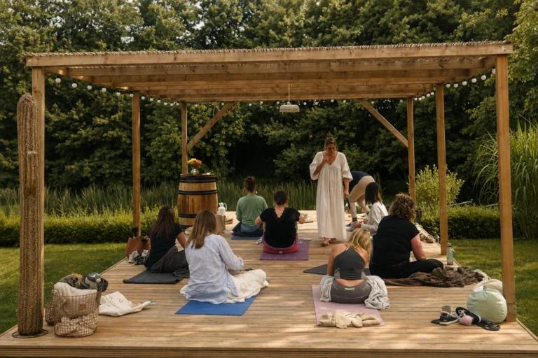 Groep op yogamatten onder een houten pergola in de tuin, met lichtjes in de balken